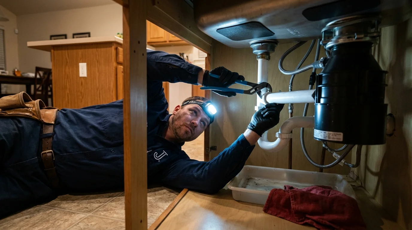 P-trap and supply line connections under a kitchen sink showing a common leak point in Saint Francis, MN